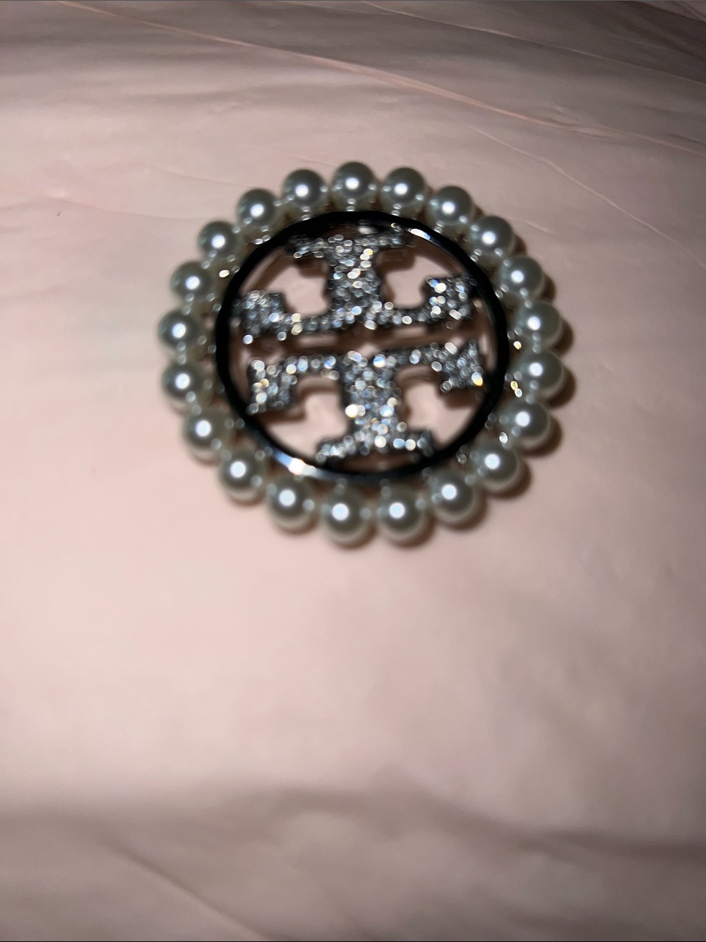 Pearl-Trim Crystal Logo Brooch in Off White and Silver